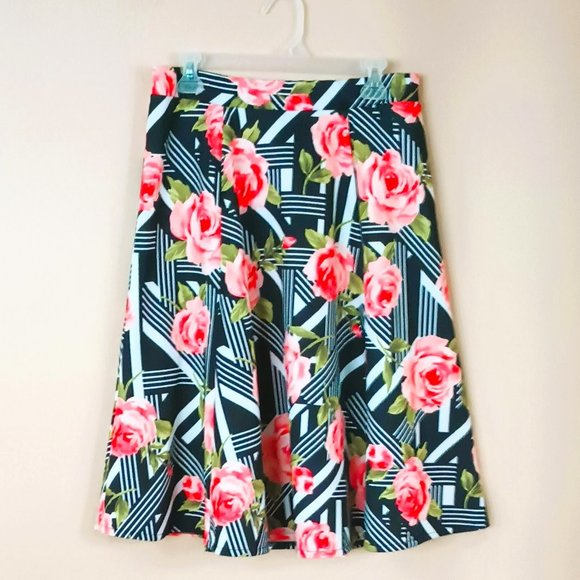 Floral A Line Skirt L Black & Peach Roses. Stretch - Picture 1 of 6